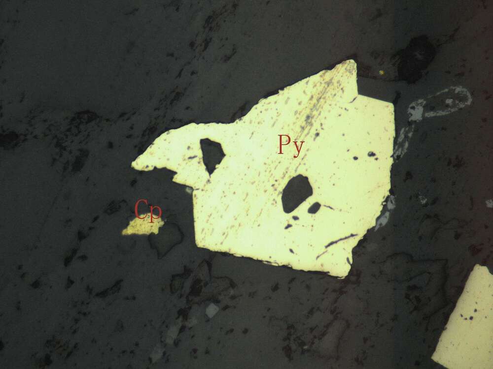 白钛石、黄铁矿、黄铜矿