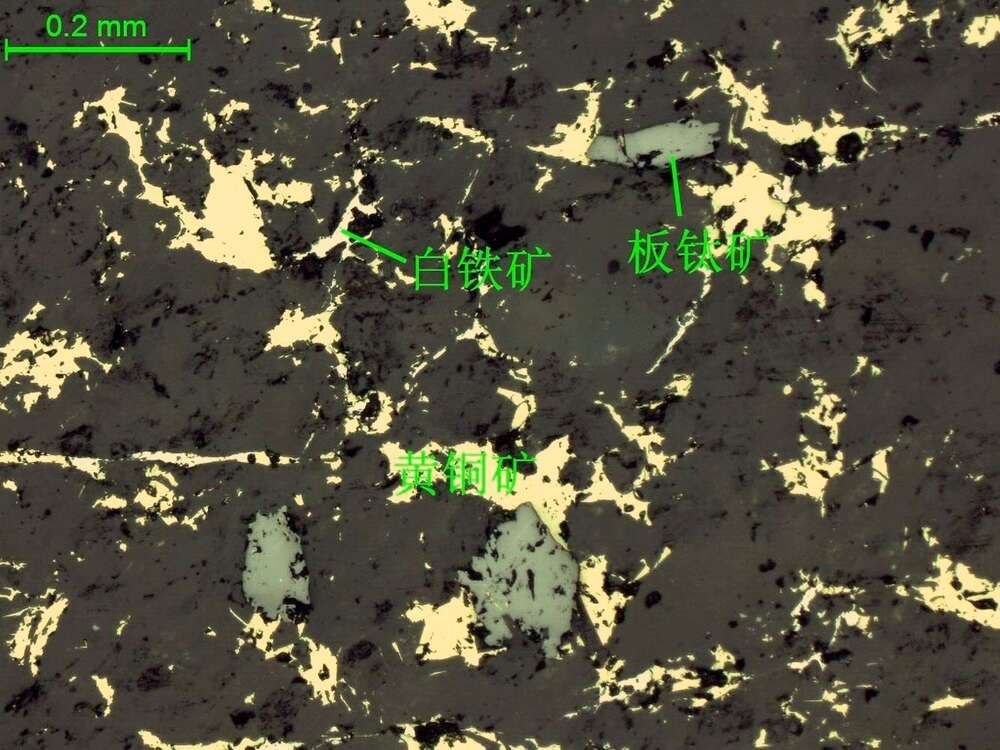 黄铜矿、白铁矿、板钛矿