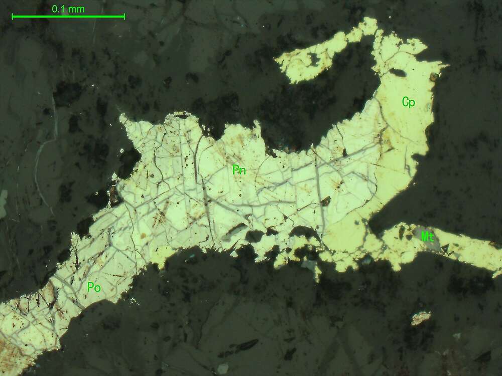 磁黄铁矿、镍黄铁矿、黄铜矿、磁铁矿