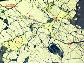 铜蓝化、褐铁矿化黄铜矿、黄铁矿（化）