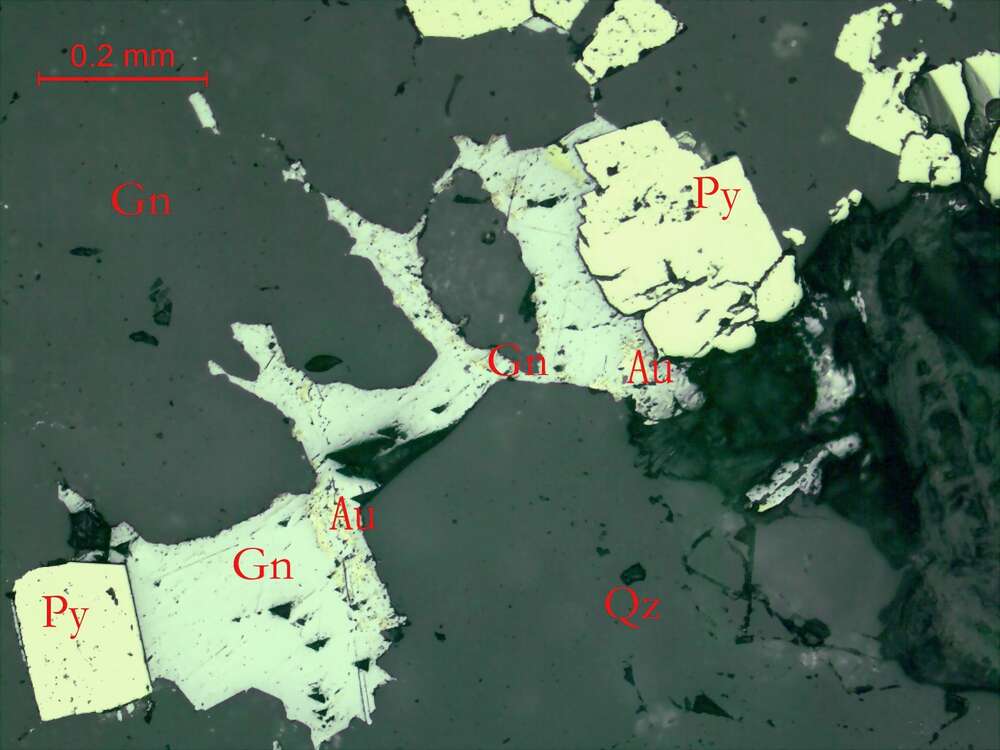 闪锌矿、方铅矿、黄铁矿、银金矿