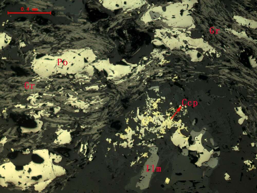 黄铜矿、磁黄铁矿、钛铁矿、石墨