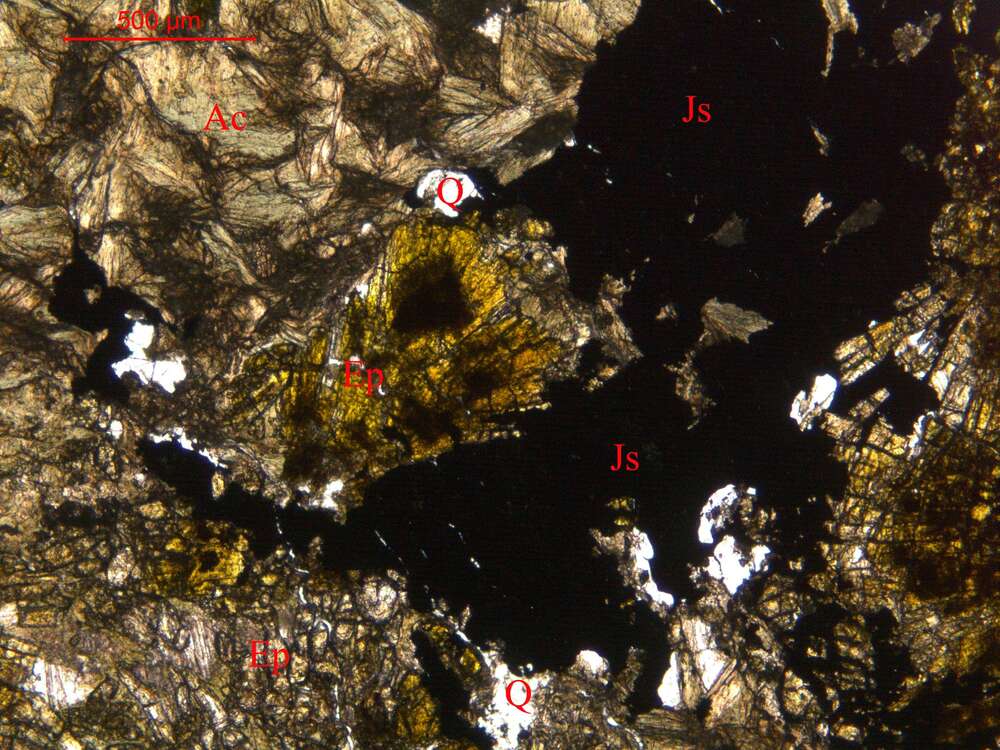 绿泥-阳起-绿帘石蚀变岩
（金属硫化物矿化）
